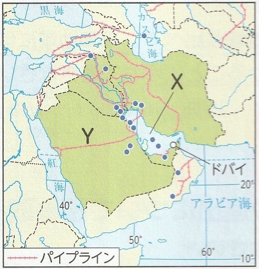 西アジア・中央アジアの地図（資源と国名）